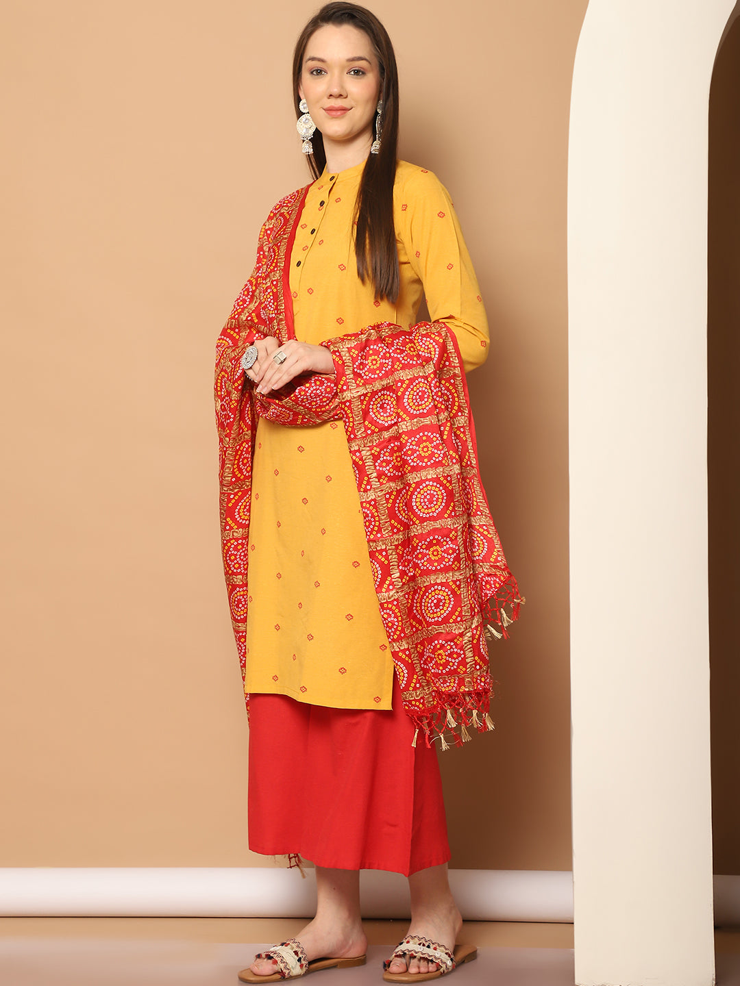Yellow Woven Design Kurta Palazzo Set for Women-With Dupatta