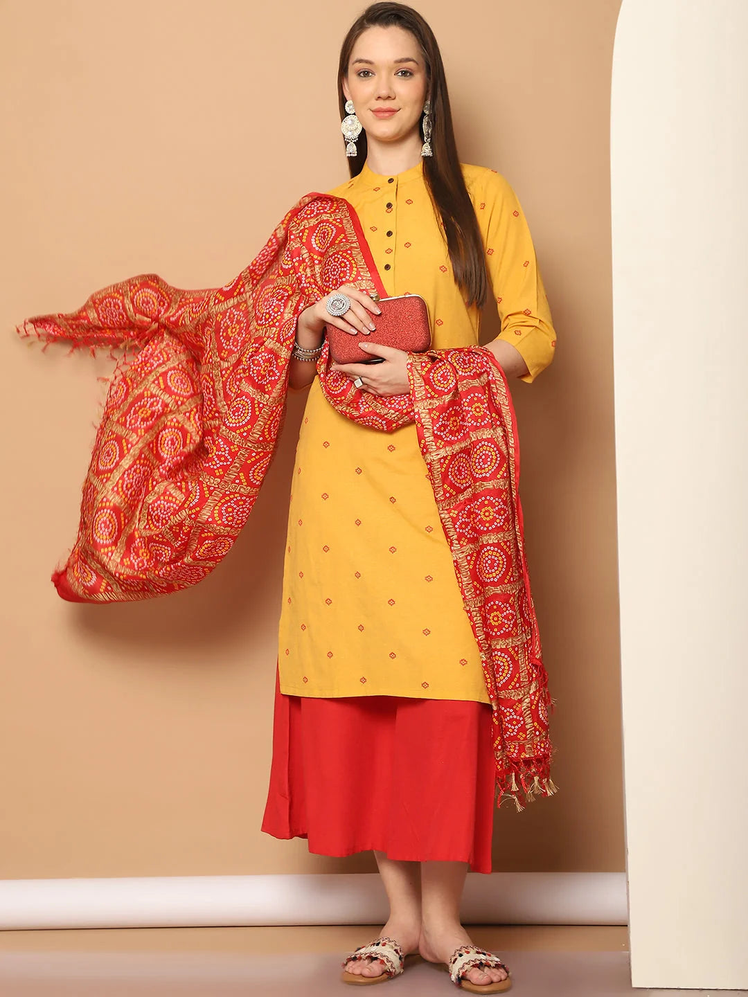 Yellow Woven Design Kurta Palazzo Set for Women-With Dupatta
