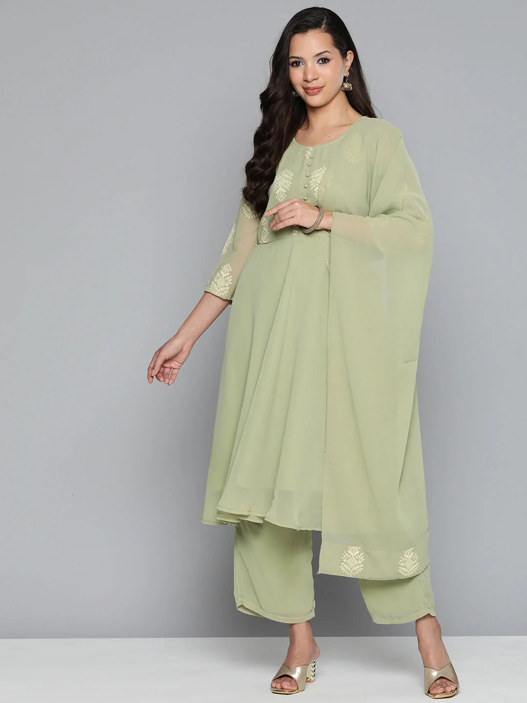 Green Printed Kurta Palazzo Set with Dupatta - Ethnic Motifs