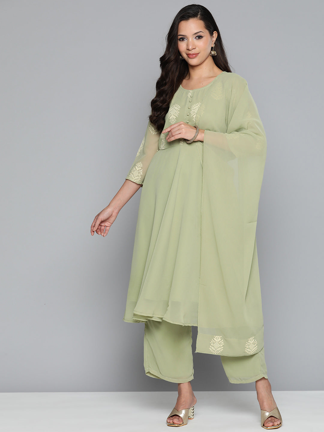 Ethnic Motifs Green Printed Georgette Kurta with Palazzos & With Dupatta ( JOKPL D43G 1484 Green )-JOKPL-D43G-1484