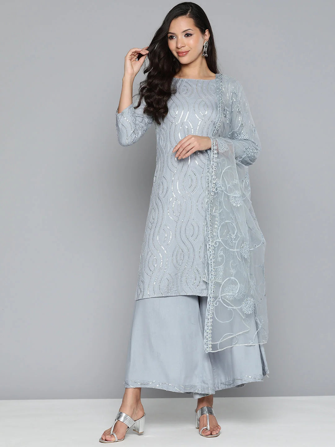 Grey Leheriya Kurta Palazzo Set for Women | Kurta Palazzo Set