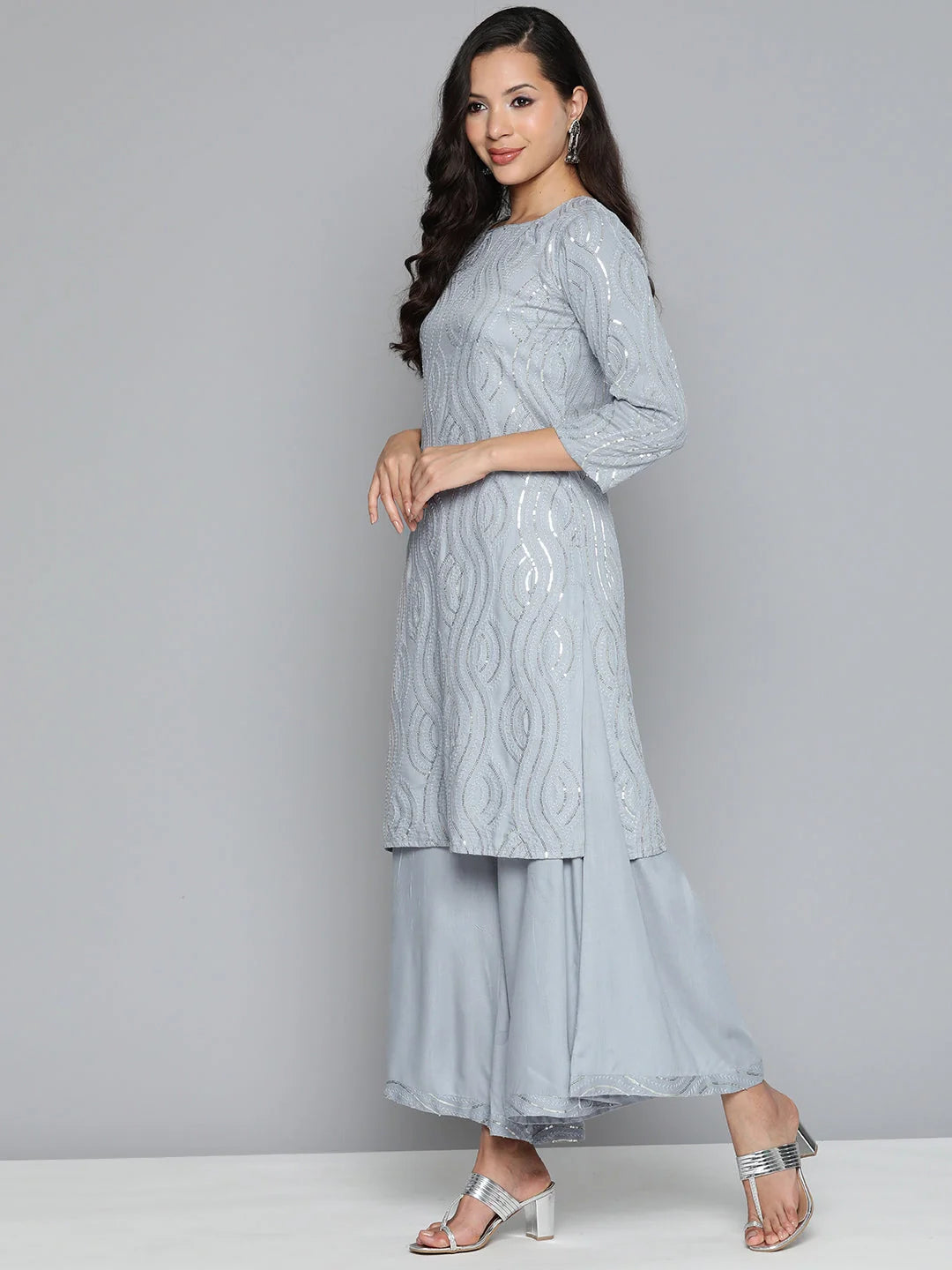 Grey Leheriya Kurta Palazzo Set for Women | Kurta Palazzo Set