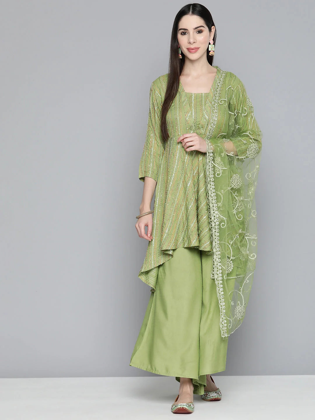 Green Sequinned Kurta Palazzo Set | Women's Palazzo Sets Online