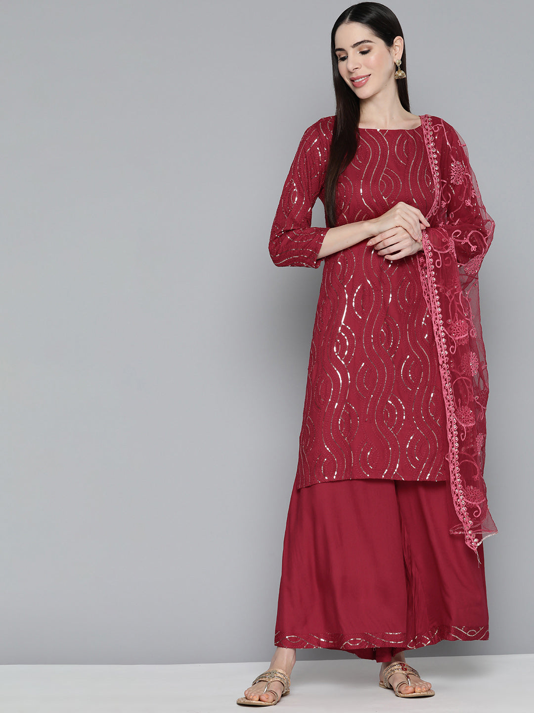 Maroon Leheriya Sequinned Kurta with Palazzos & With Dupatta ( JOKPL D44M 1485 Maroon )-JOKPL-D44M-1485