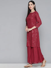 Maroon Leheriya Sequinned Kurta with Palazzos & With Dupatta ( JOKPL D44M 1485 Maroon )-JOKPL-D44M-1485
