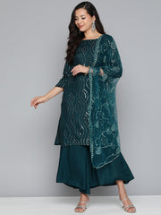 Teal Leheriya Sequinned Kurta with Palazzos & With Dupatta ( JOKPL D44T 1485 Teal )-JOKPL-D44T-1485