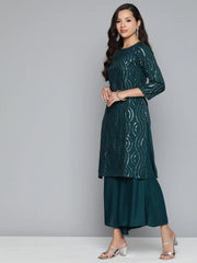 Teal Leheriya Sequinned Kurta with Palazzos & With Dupatta ( JOKPL D44T 1485 Teal )-JOKPL-D44T-1485