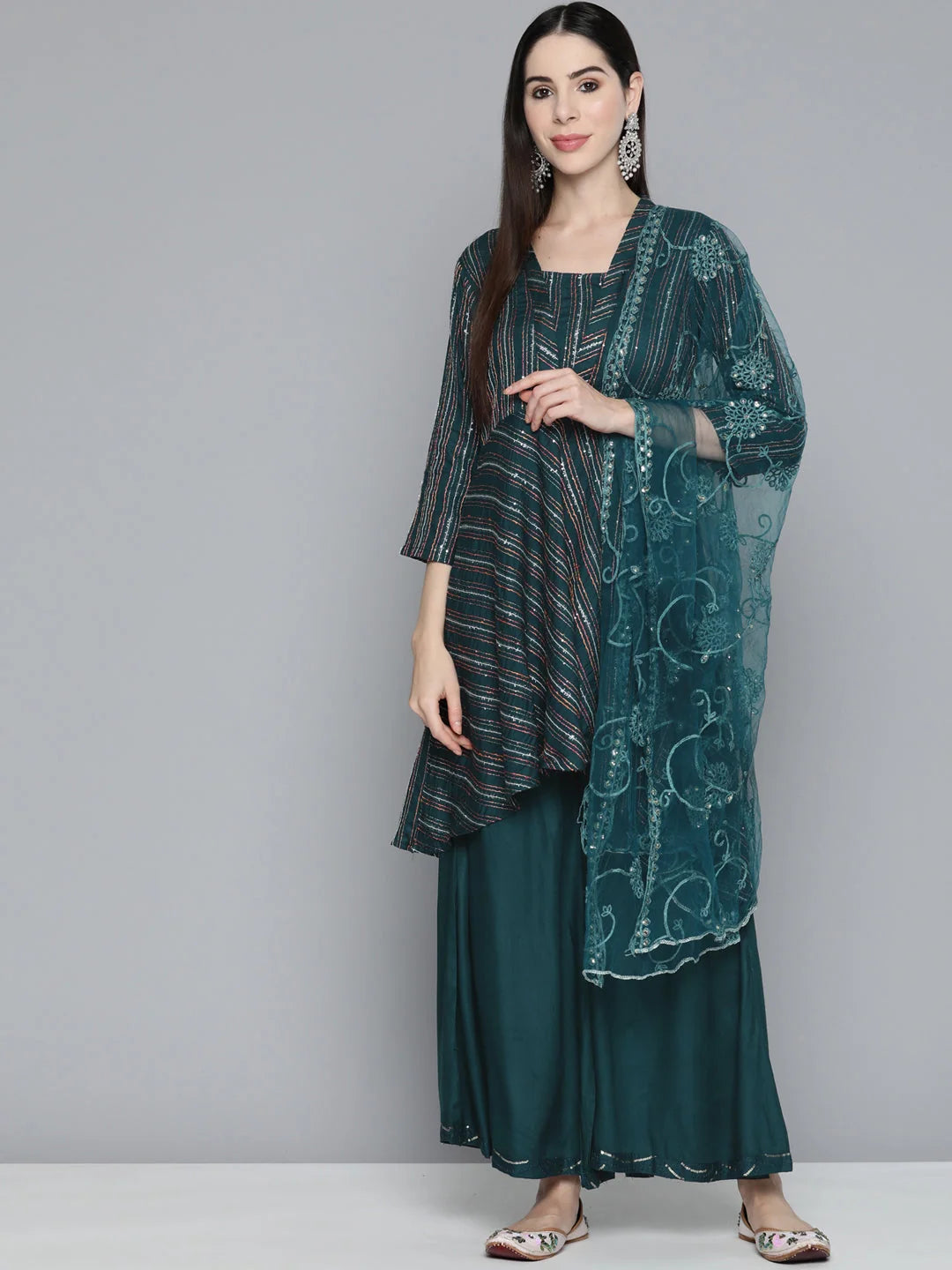 Teal Sequinned Kurta Palazzo Set | Women's Palazzo Sets Online