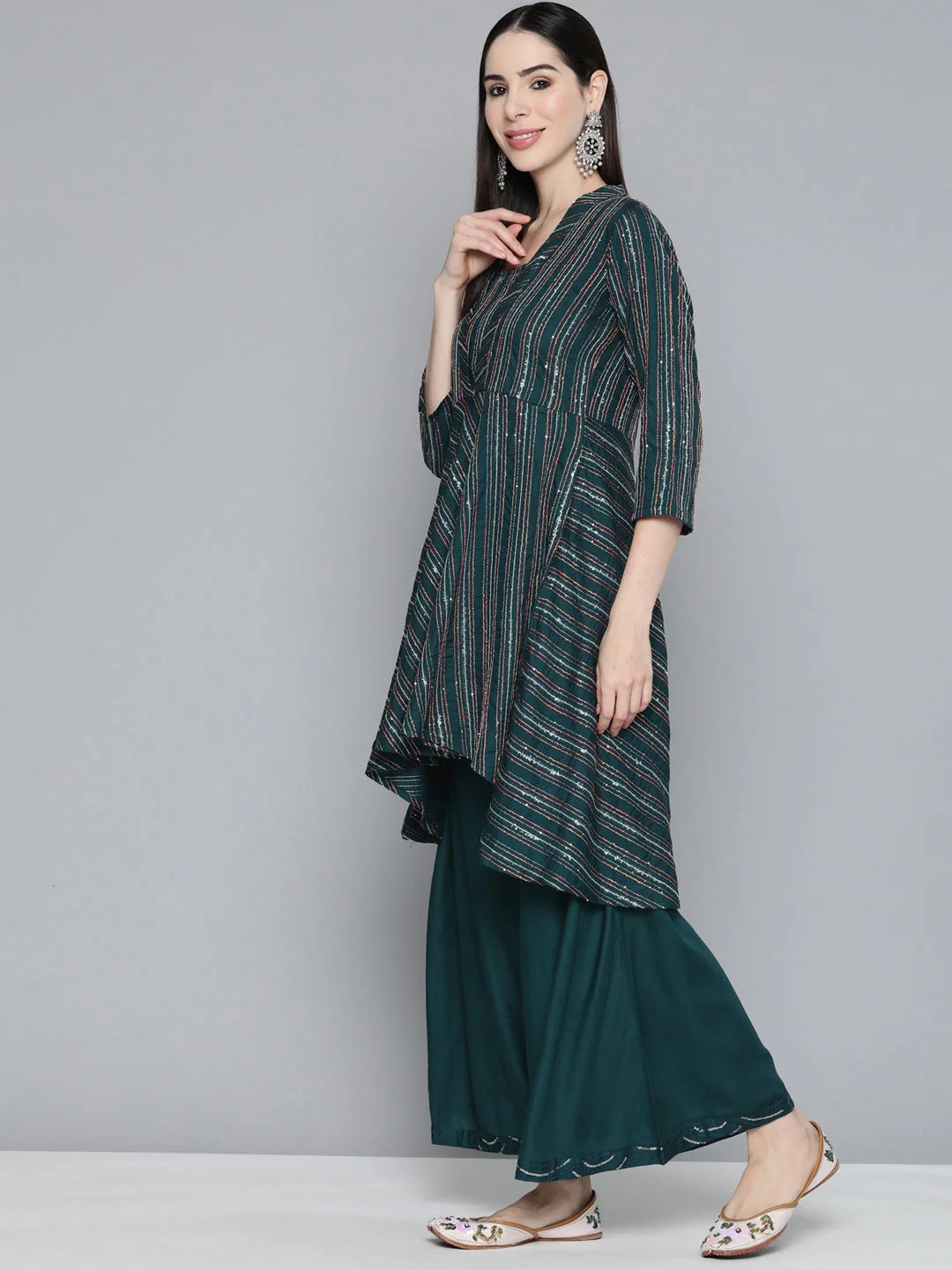 Teal Sequinned Kurta Palazzo Set | Women's Palazzo Sets Online