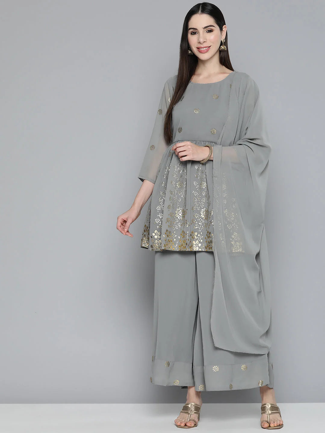 Grey Floral Kurta Palazzo Set | Women's Palazzo Sets Online