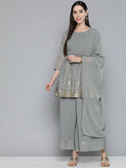 Floral Printed Pleated Grey Georgette Kurta with Palazzos & With Dupatta ( JOKPL D45 Gry 1497 Grey )-JOKPL-D45-Gry-1497