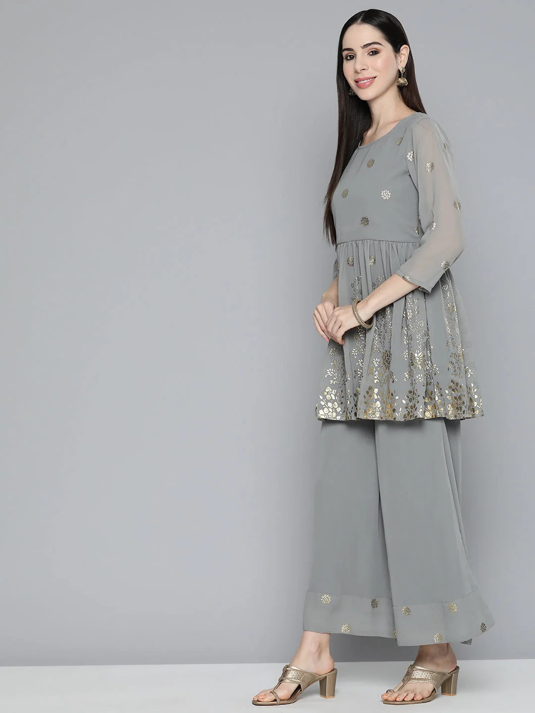 Grey Floral Kurta Palazzo Set | Women's Palazzo Sets Online