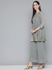 Floral Printed Pleated Grey Georgette Kurta with Palazzos & With Dupatta ( JOKPL D45 Gry 1497 Grey )-JOKPL-D45-Gry-1497