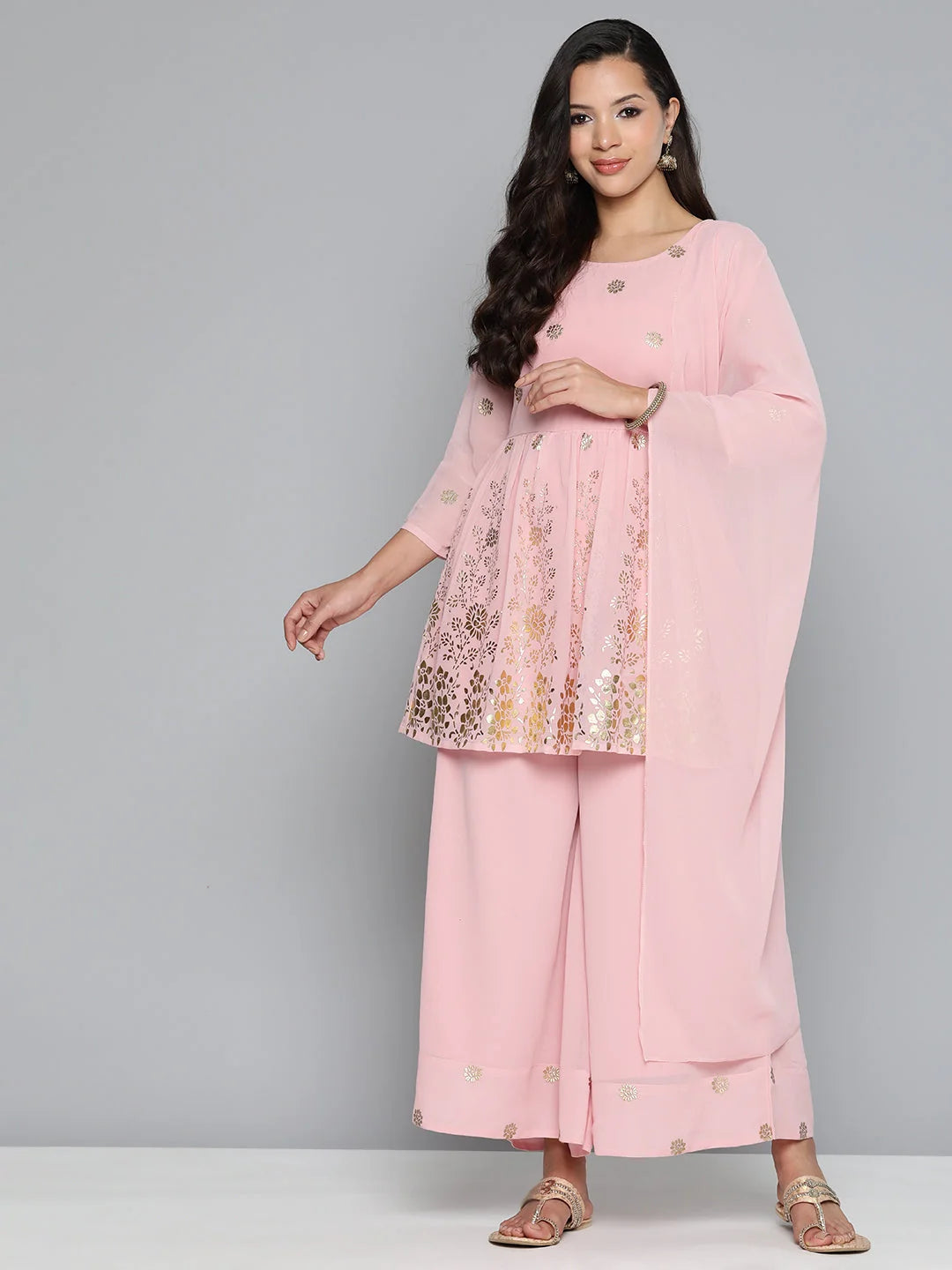 Floral Printed Pleated Pink Georgette Kurta with Palazzos & With Dupatta ( JOKPL D45 Gry 1497 Pink )-JOKPL-D45-Gry-1497