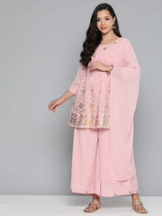 Floral Printed Pleated Pink Georgette Kurta with Palazzos & With Dupatta ( JOKPL D45 Gry 1497 Pink )-JOKPL-D45-Gry-1497