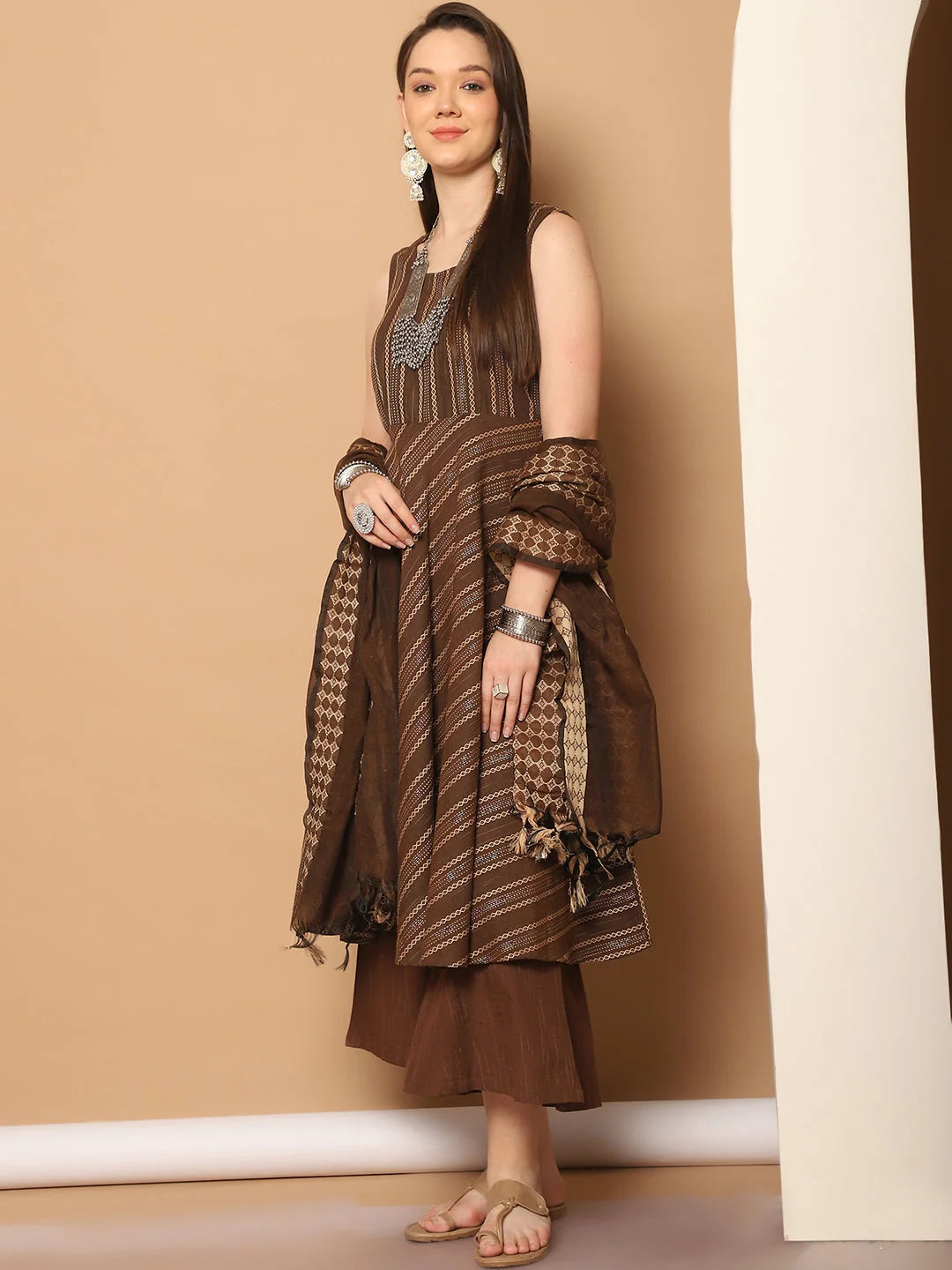 Woven Brown Anarkali Kurta Set - Sleeveless Indian Kurta for W...