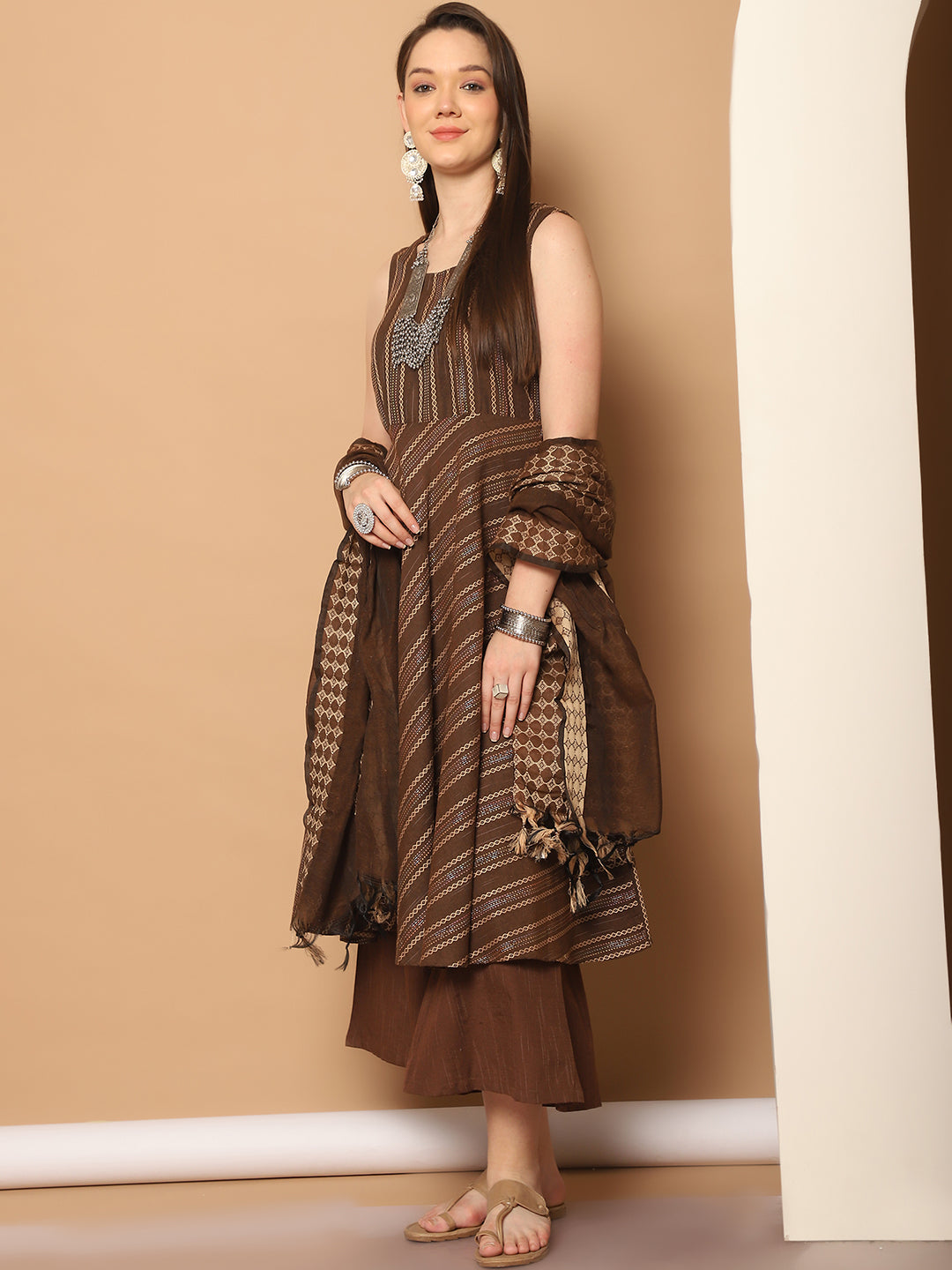 Woven Brown Anarkali Kurta Set - Sleeveless Indian Kurta for W...