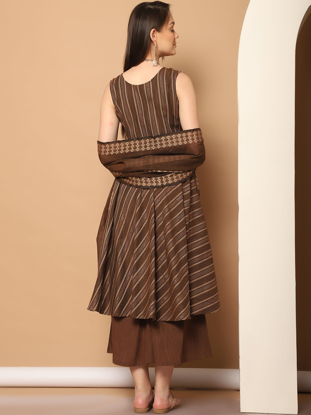 Woven Brown Anarkali Kurta Set - Sleeveless Indian Kurta for W...