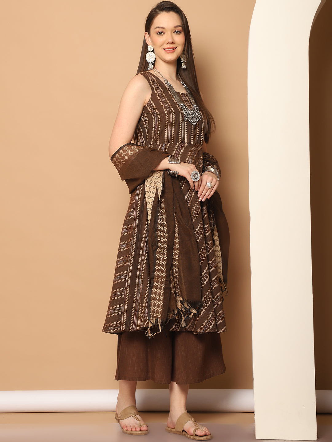 Woven Brown Anarkali Kurta Set - Sleeveless Indian Kurta for W...