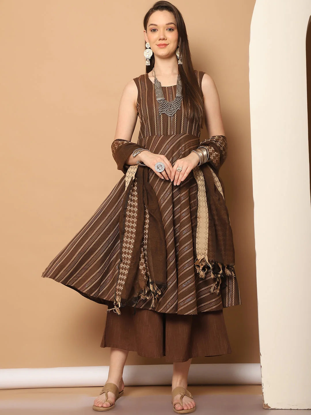 Woven Brown Anarkali Kurta Set - Sleeveless Indian Kurta for W...