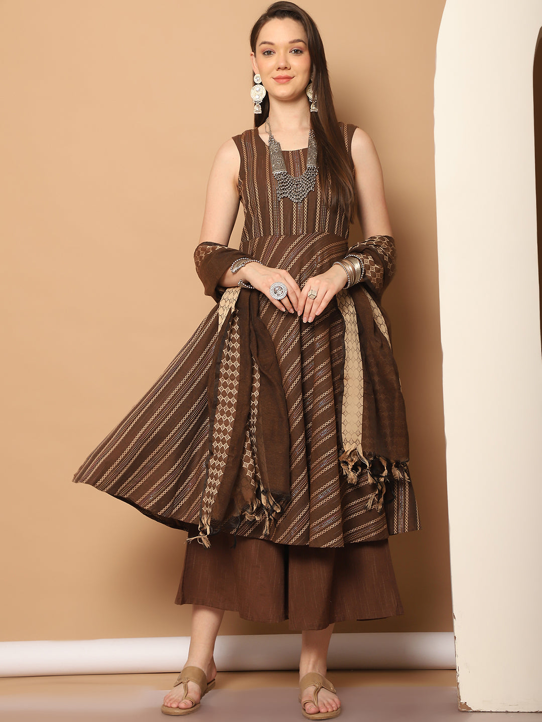 Woven Brown Anarkali Kurta Set - Sleeveless Indian Kurta for W...