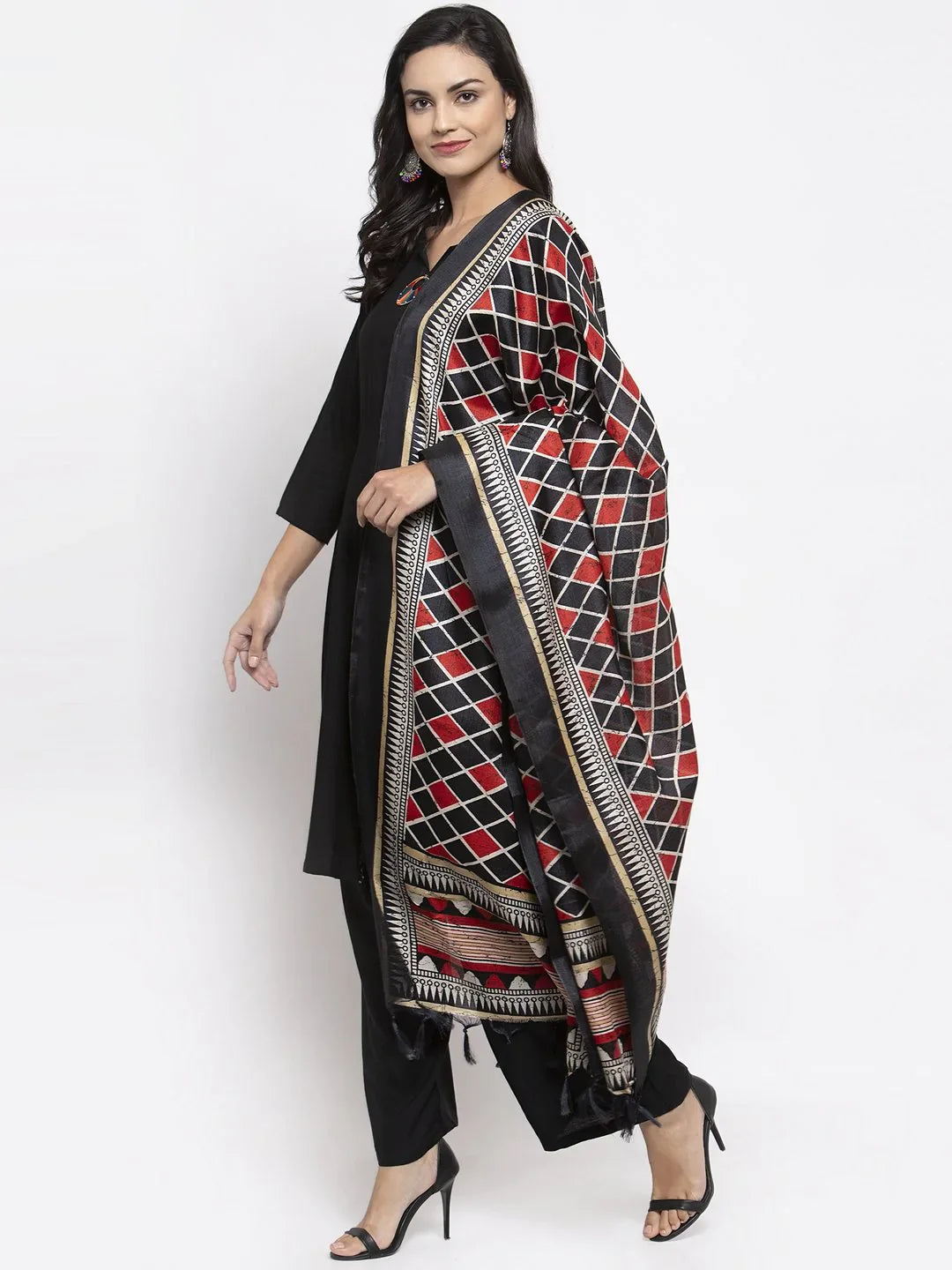 Black & Red Kurta and Palazzo Set with Dupatta