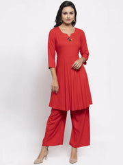 Women Red Solid Kurta with Palazzos & Printed Dupatta ( JOKPL D4R 1312 Red )-JOKPL-D4R-1312