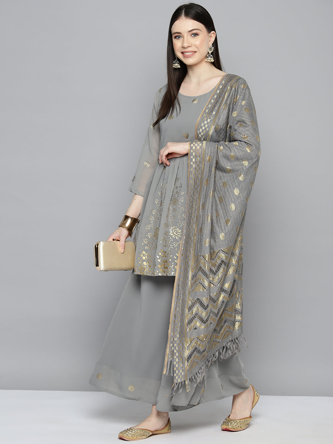 Gorgette Foil Print Kurta palazzo Dupatta Set from ( JOKPL D50Gry 1497 Grey )