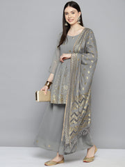 Gorgette Foil Print Kurta palazzo Dupatta Set from ( JOKPL D50Gry 1497 Grey )