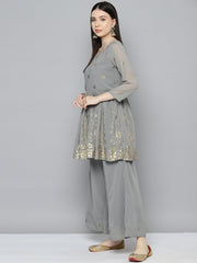 Gorgette Foil Print Kurta palazzo Dupatta Set from ( JOKPL D50Gry 1497 Grey )
