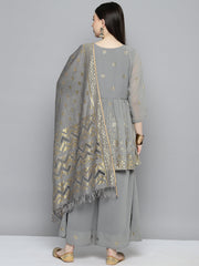 Gorgette Foil Print Kurta palazzo Dupatta Set from ( JOKPL D50Gry 1497 Grey )