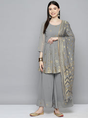 Gorgette Foil Print Kurta palazzo Dupatta Set from ( JOKPL D50Gry 1497 Grey )