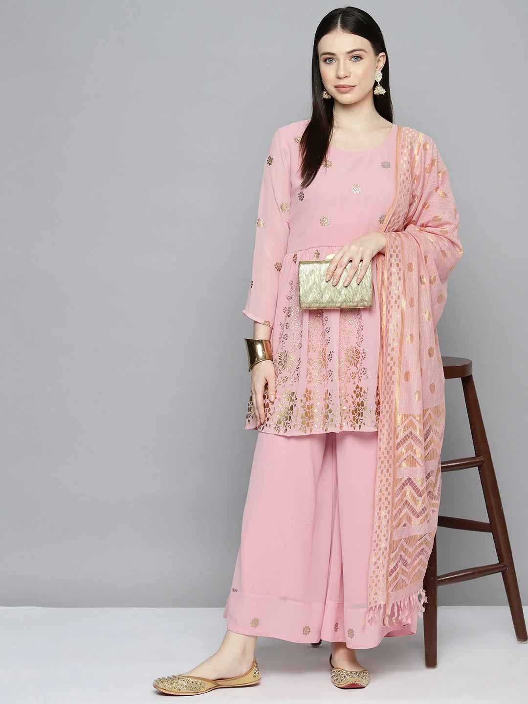 Pink Foil Print Kurta Palazzo Set - Womenâ€™s Palazzo Sets