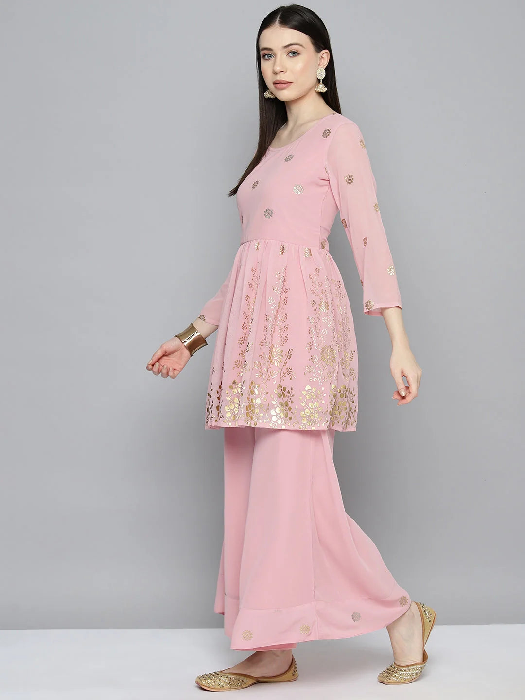 Pink Foil Print Kurta Palazzo Set - Womenâ€™s Palazzo Sets