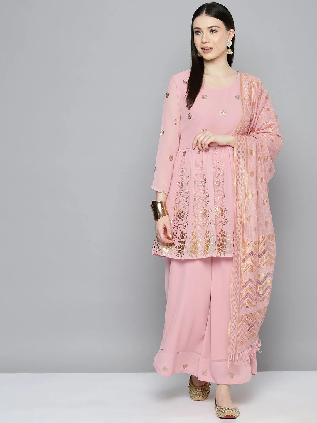 Pink Foil Print Kurta Palazzo Set - Womenâ€™s Palazzo Sets