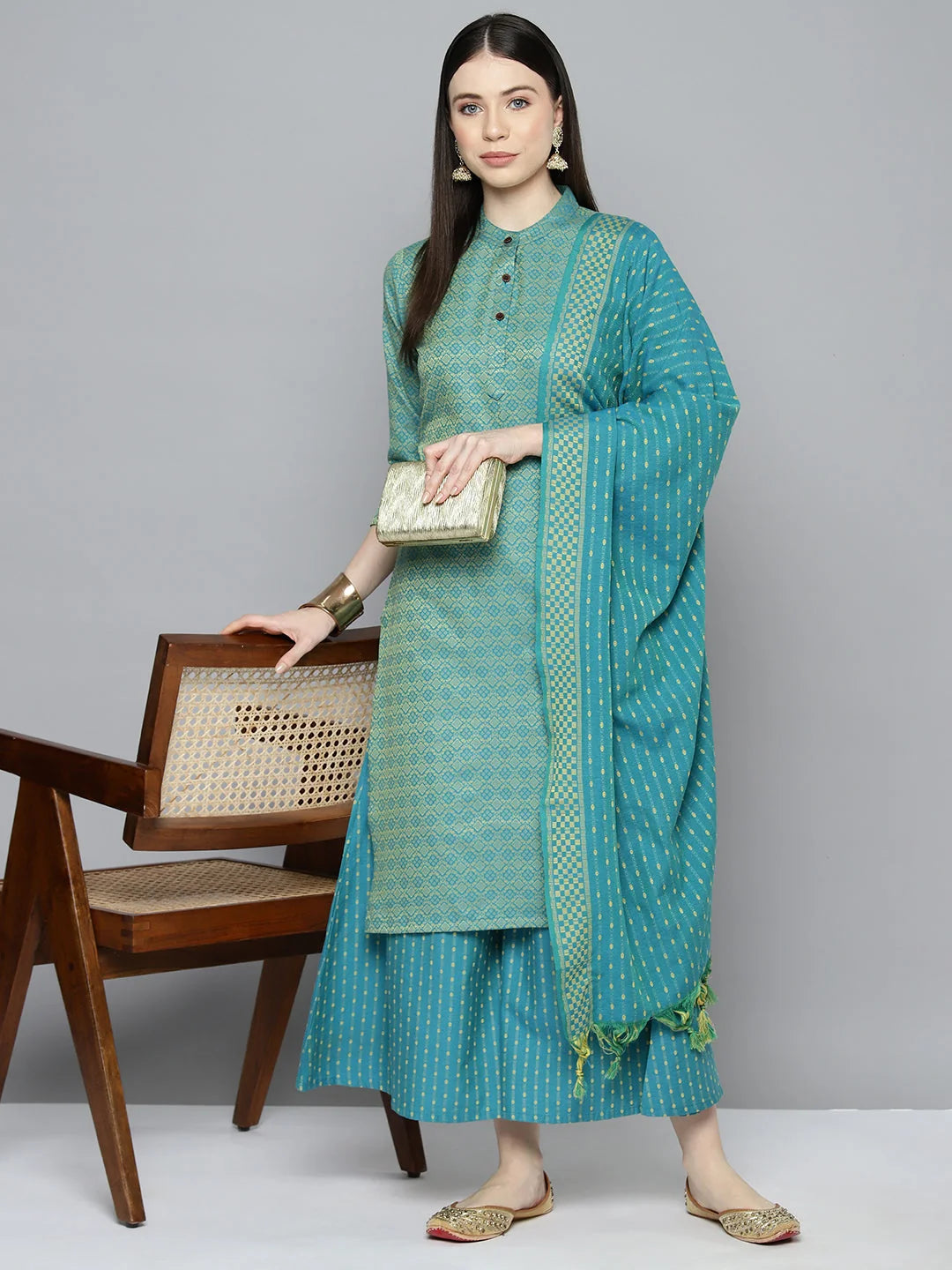 Firozi Woven Kurta Palazzo Set - Designer Palazzo Pants Set