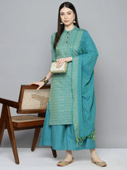 Woven design kurta, pallazos and dupatta set ( JOKPL D51F 1538 Firozi )