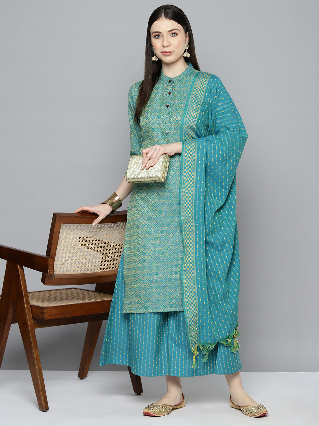 Firozi Woven Kurta Palazzo Set - Designer Palazzo Pants Set