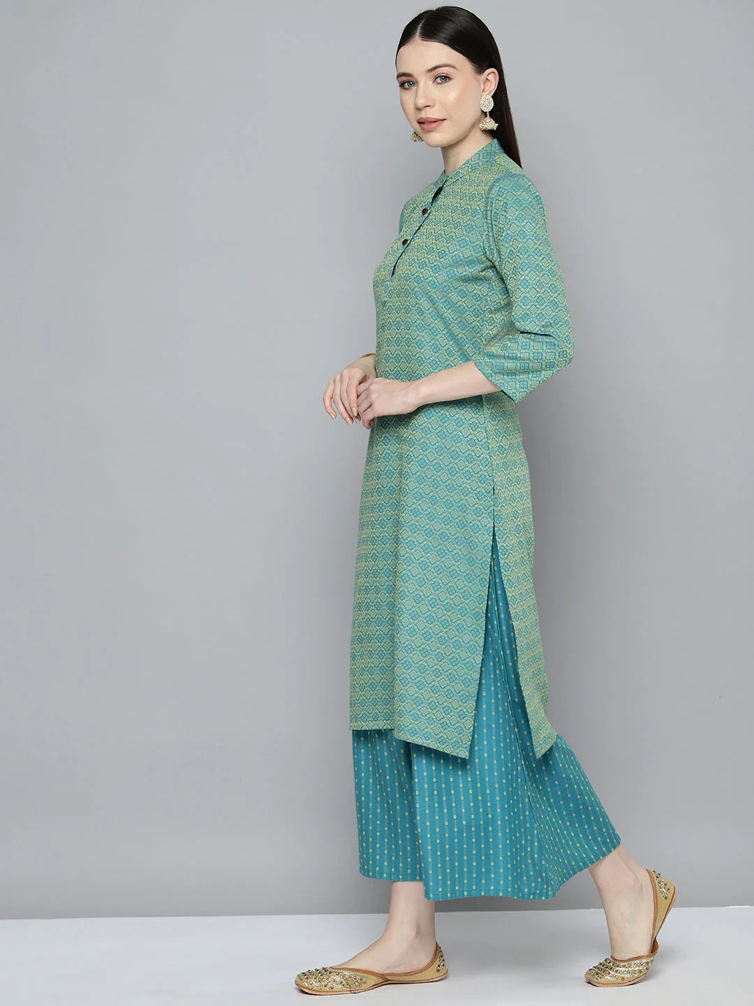 Firozi Woven Kurta Palazzo Set - Designer Palazzo Pants Set