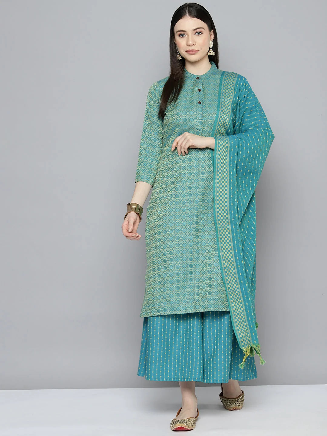 Firozi Woven Kurta Palazzo Set - Designer Palazzo Pants Set