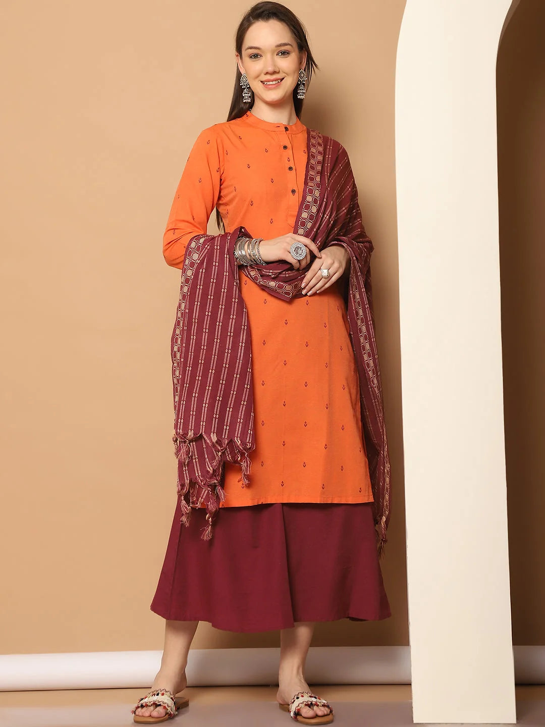 Women's Orange Kurta Palazzo Set | Woven Design Cotton Blend