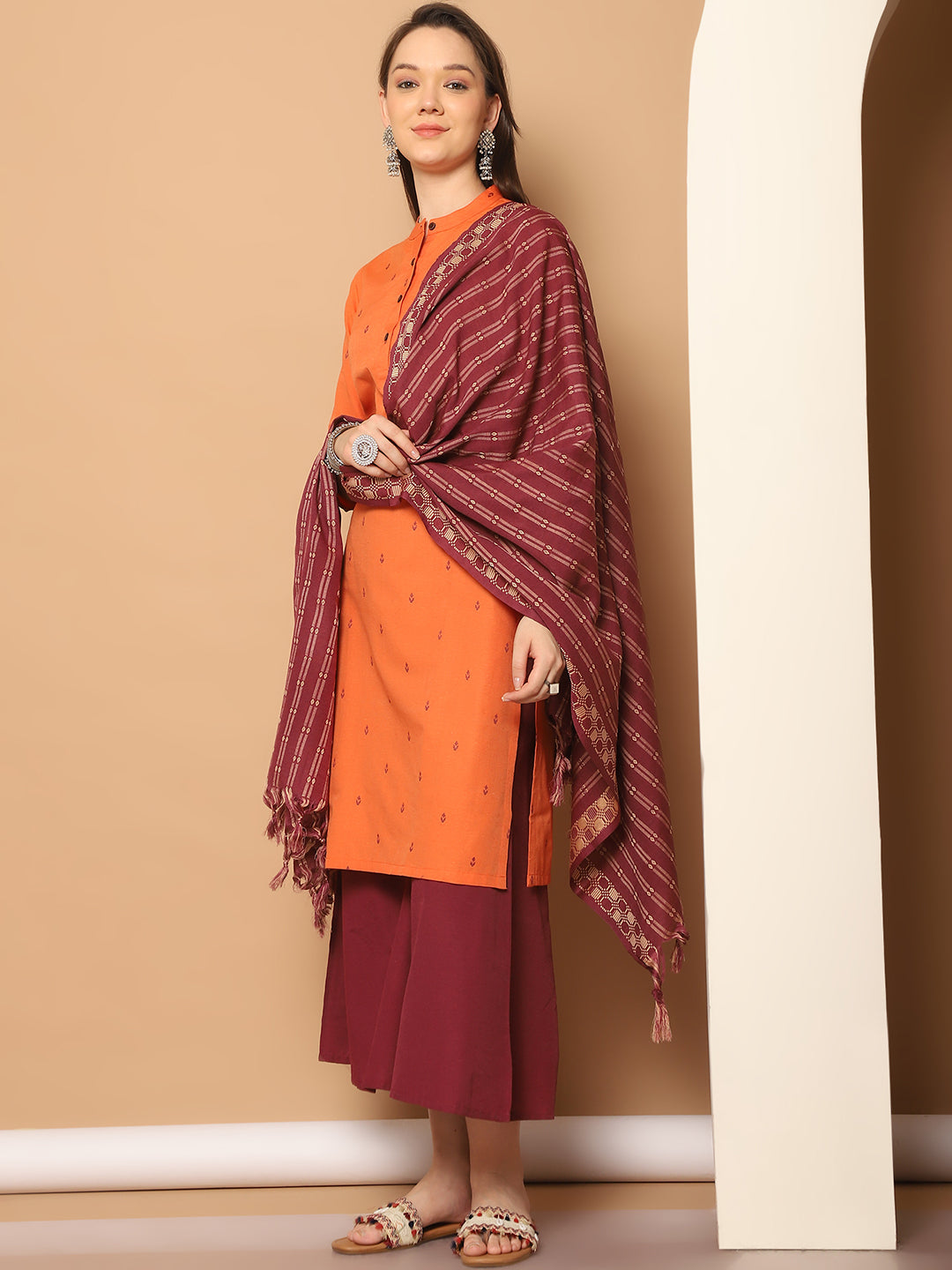 Women's Orange Kurta Palazzo Set | Woven Design Cotton Blend