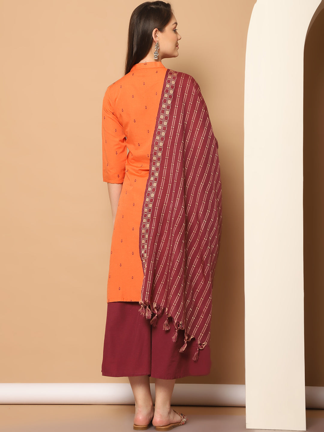 Women's Orange Kurta Palazzo Set | Woven Design Cotton Blend