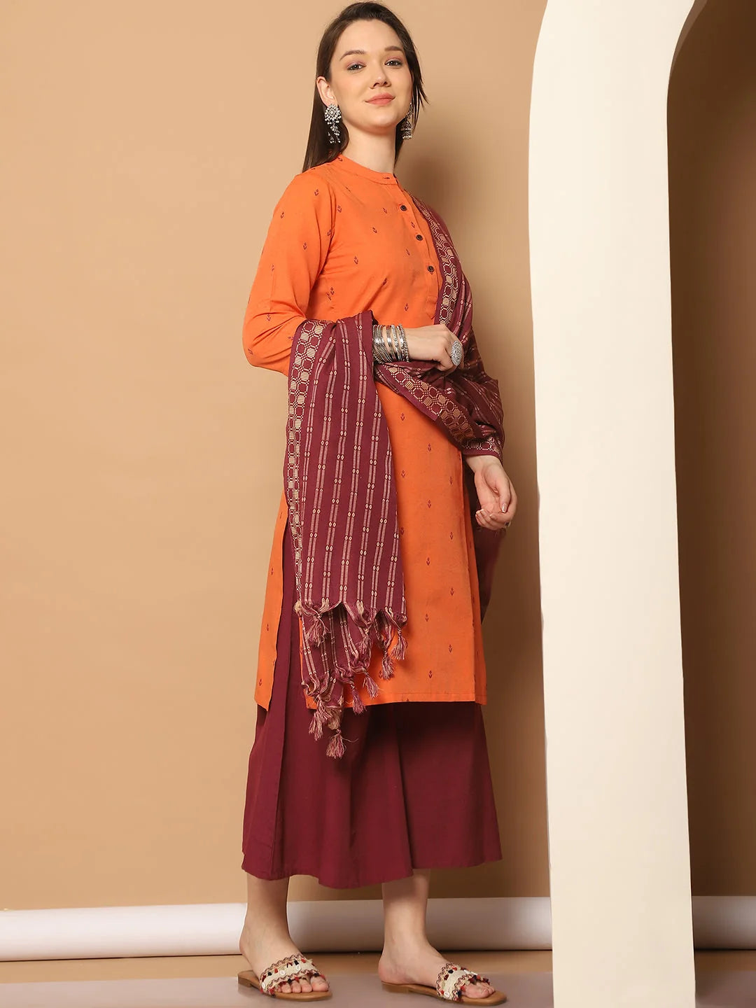 Women's Orange Kurta Palazzo Set | Woven Design Cotton Blend