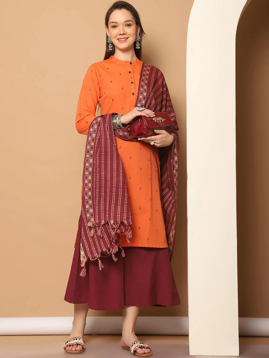 Women's Orange Kurta Palazzo Set | Woven Design Cotton Blend