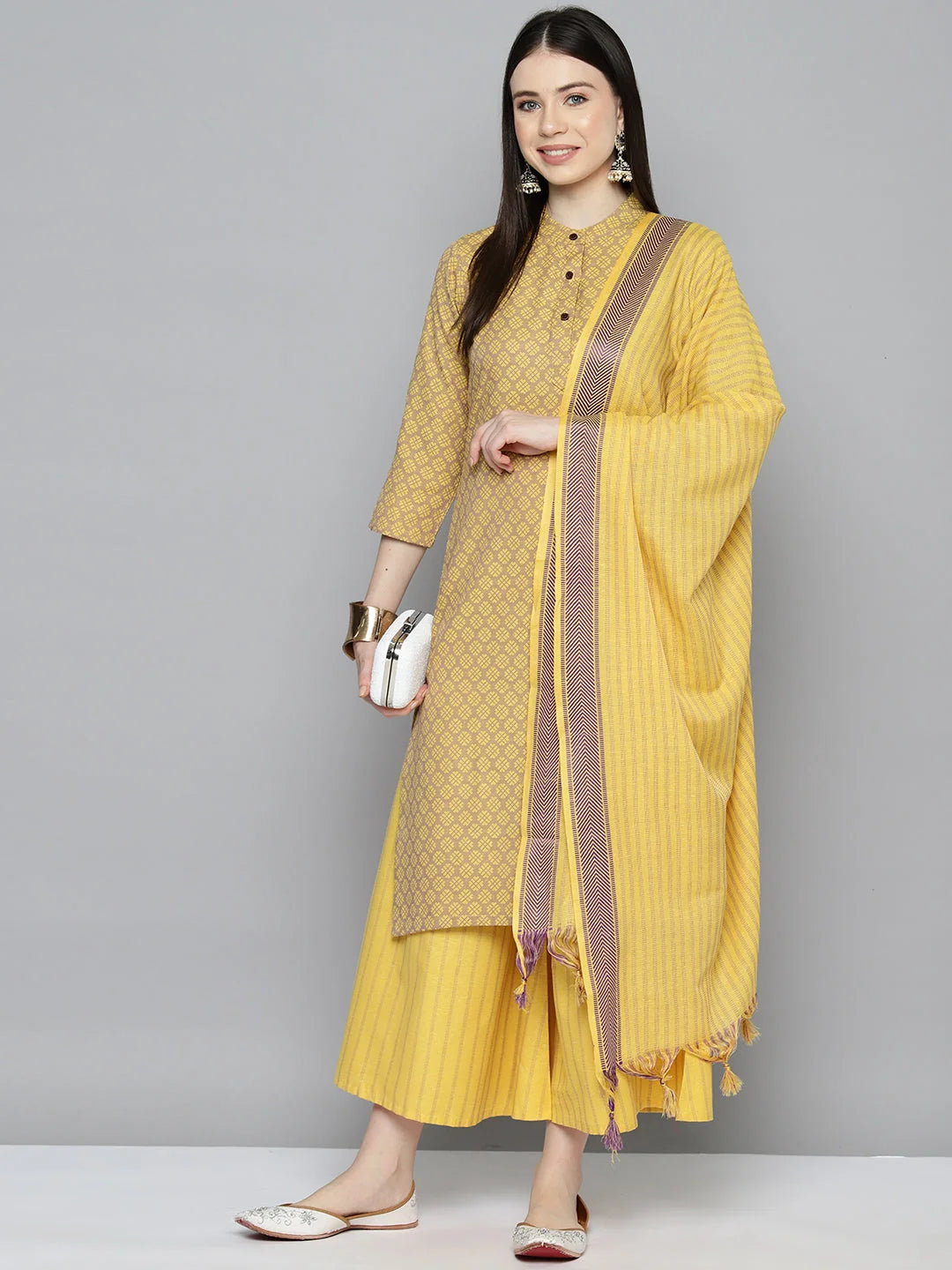 Yellow Woven Kurta Palazzo Set - Stylish Kurta Palazzo Set