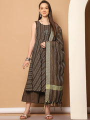 Woven Design flared kurta pallazos dupatta set-JOKPL-D56BR