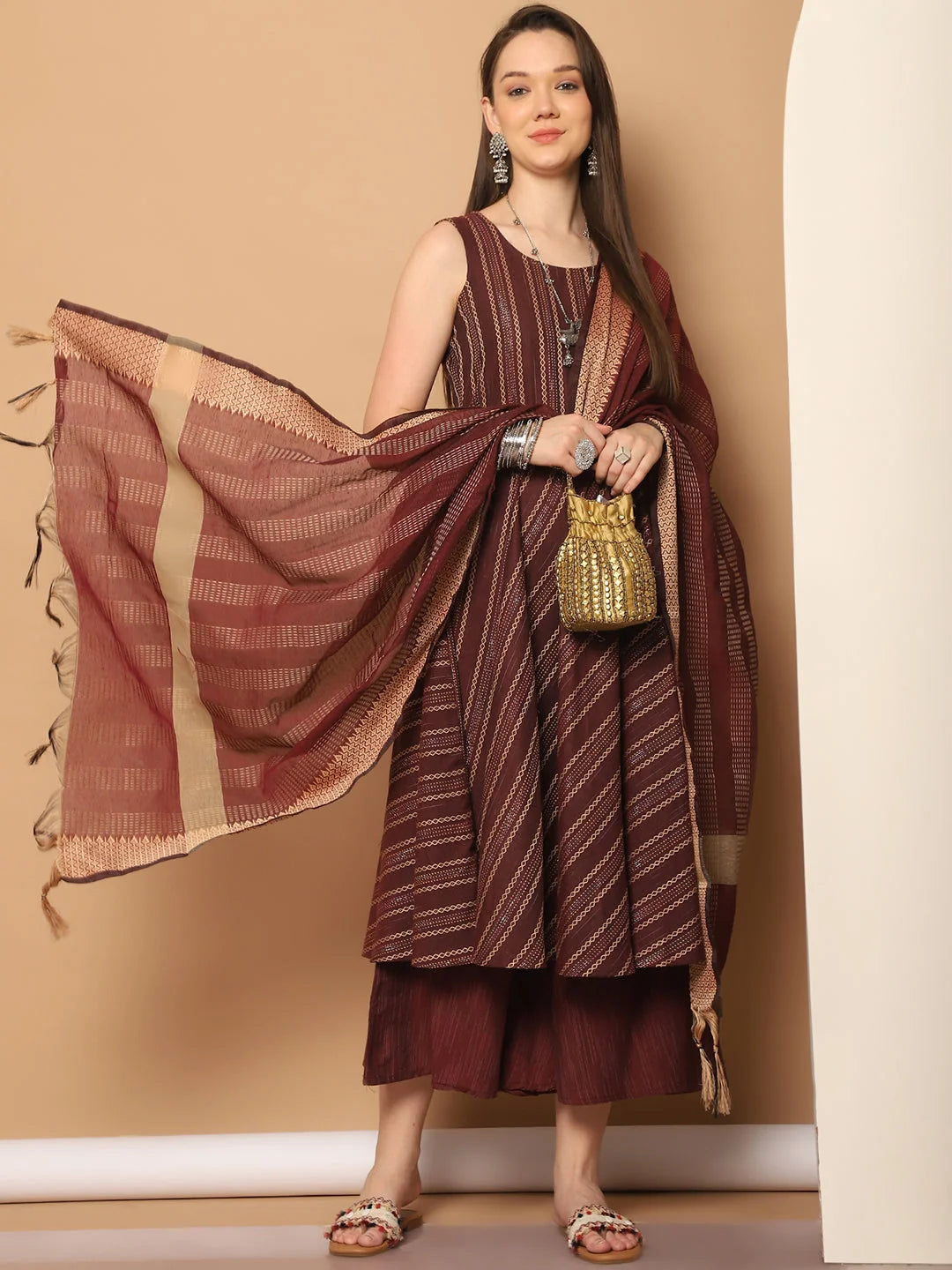 Maroon Anarkali Kurta Set for Women | Woven Design & Dupatta