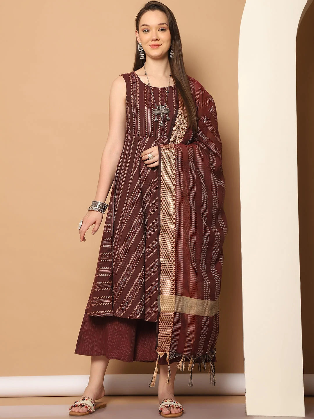 Maroon Anarkali Kurta Set for Women | Woven Design & Dupatta