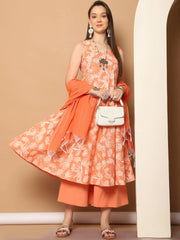 Printed orange flared kurta pallazos dupatta set ( JOKPL D56O 1546 Orange )-JOKPL-D56O